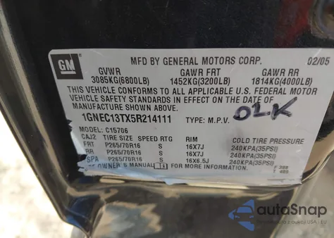 2005 Chevrolet Tahoe Ls z USA, uszkodzony, nr VIN 1GNEC13TX5R214111